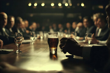 A Glass of Beer Sits on a Table During a Business Meeting with Attendees Blurred in the Background
