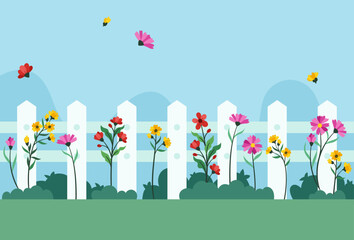 Flat flower garden with fences in spring background vector illustration