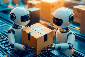 Naklejka premium Two Robots Collaboratively Handling Package on Conveyor Belt in Futuristic Warehouse Setting.