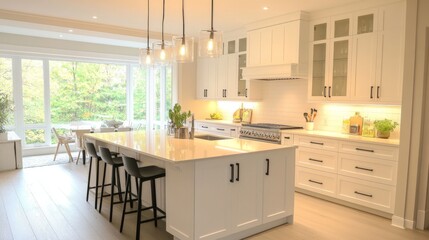 Fototapeta premium 83.A light-filled modern kitchen with an open-concept layout, highlighting a central white island equipped with an induction cooktop and a minimalist sink, set against a backdrop of sleek white