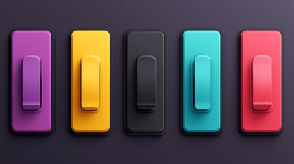 32.A modern set of flat toggle switches in vibrant colors, each with a sleek rounded design, featuring on and off states with smooth gradients and clear iconography.