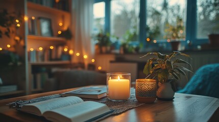 Cozy evening reading, candlelit living room, book open, plants
