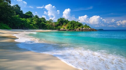 Fototapeta premium 108.A panoramic view of an isolated tropical island, its shores lined with powdery white sand, surrounded by clear, vibrant blue ocean waters and framed by distant waves.