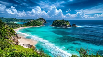 Obraz premium 108.A panoramic view of an isolated tropical island, its shores lined with powdery white sand, surrounded by clear, vibrant blue ocean waters and framed by distant waves.
