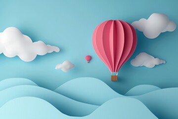 Obraz premium A vibrant hot air balloon floats gracefully over soft blue hills under a clear sky adorned with fluffy clouds, creating a whimsical atmosphere perfect for dreamers and adventurers alike