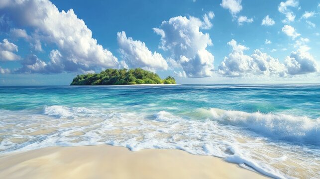 108.A panoramic view of an isolated tropical island, its shores lined with powdery white sand, surrounded by clear, vibrant blue ocean waters and framed by distant waves.