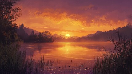 Obraz premium 96.A picturesque sunset over a quiet lake, with the sky transitioning from golden to deep purple, and the water shimmering with gentle reflections of the surrounding landscape.