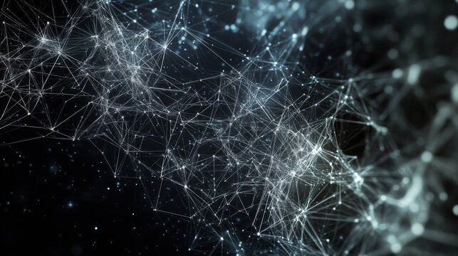 Abstract Network of Interconnected White Lines and Points on a Black Background