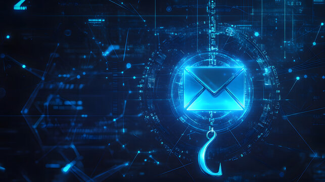 Digital fishing hook with glowing blue email icon, symbolizing phishing attacks in cybersecurity. futuristic design highlights technology and security themes