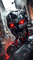 Fototapeta premium Metallic Robot with Glowing Red Eyes Stands Menacingly in a Desolate Urban Setting with Dramatic Lighting