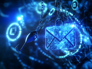 Stylized fishing hook and glowing email lock represent cybersecurity threats. shimmering blue background enhances digital theme, emphasizing importance of online safety