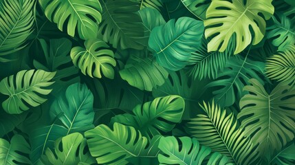56.A seamless vector background featuring layers of vibrant green leaves in various shapes and sizes, overlapping to form a natural, eco-friendly pattern on a soft gradient backdrop.