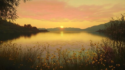 Fototapeta premium 93.A serene lakeside view at sunset, where the golden light of the setting sun merges with the calm water, framed by gentle hills and a pastel-colored sky.