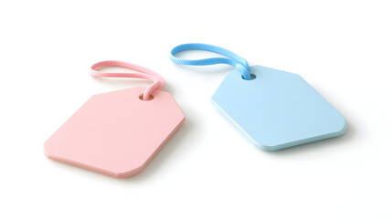Fototapeta premium Soft pink and blue price tags with straps, perfect for labeling items or gifts. These pastel tags add charming touch to any presentation or organization