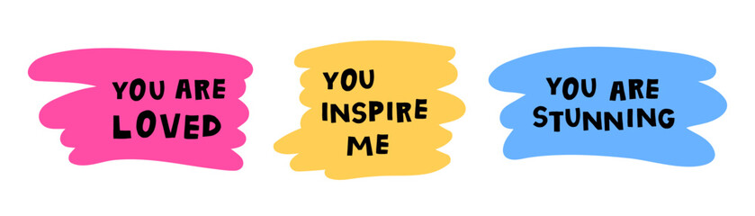 Love phrases set. Doodle lettering for Valentine`s Day cards. Trendy bright stickers with romantic text