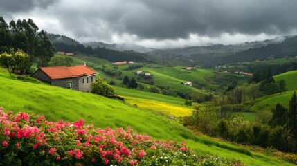29.A serene meadow near Oleiros filled with a variety of blooming spring flowers, their delicate colors contrasting against lush green grass and soft clouds above.