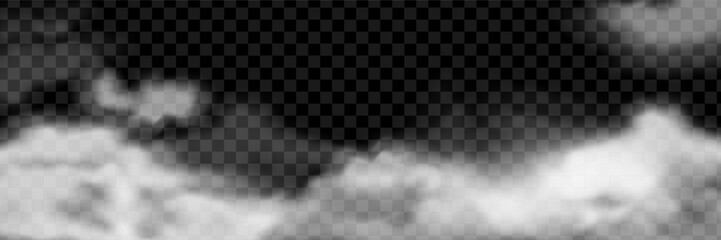 Realistic white cloud border on transparent background. Fog or mist cloudy overlay effect 