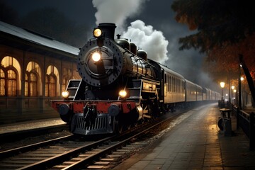 Naklejka premium A vintage railway station features a steam locomotive arriving at night, illuminated by platform lights and surrounded by historical architecture, creating a charming, nostalgic atmosphere