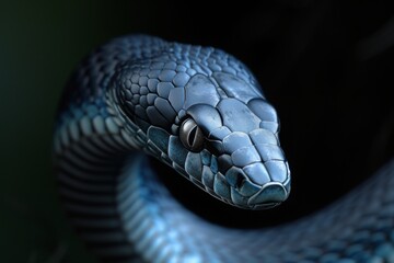 A close-up view of the elaphe dione snake showcasing its stunning blue scales and distinctive features, captured in a natural setting highlighting its unique beauty and form