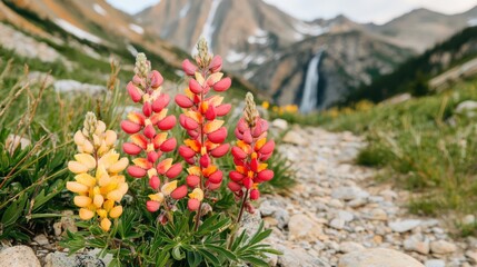 Fototapeta premium Vibrant wildflowers in shades of yellow and pink along a rocky path with a waterfall and mountains in the background.