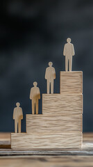 Wooden figures on ascending blocks symbolizing hierarchy and growth.
