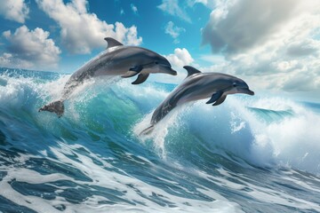 Fototapeta premium Playful dolphins jump gracefully over the crest of breaking waves under a bright blue sky with fluffy clouds during a sunny afternoon near the ocean