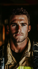 Firefighter Stares Intensely into Camera, Conveying Duty and Resilience amidst Dark Background.
