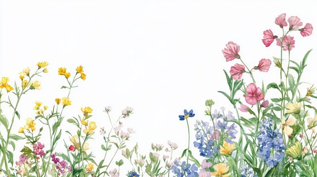 3.A vibrant corner arrangement of wildflowers including light celery blooms and Capsella with heart-shaped seed pods, painted in soft watercolors against a white background.