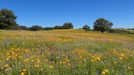 Fototapeta premium 26.A vibrant field of spring flowers blooming outside Oleiros, showcasing a mix of colorful blossoms swaying gently in the breeze under a clear blue sky.