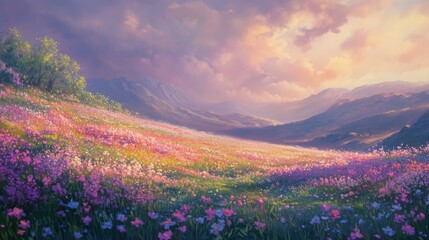 Obraz premium 86.A vibrant meadow scene with the first spring flowers in full bloom, scattered across rolling hills under a dramatic sky, with soft light creating a nostalgic, dreamy atmosphere.