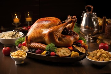 Traditional holiday feast featuring a beautifully roasted turkey surrounded by seasonal fruits and vegetables at a cozy table setting during festive celebrations