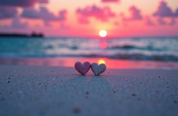 Fototapeta premium Two glass hearts lying on the sand of a tropical beach. There's a pink sunset on the horizon. valentine's day.