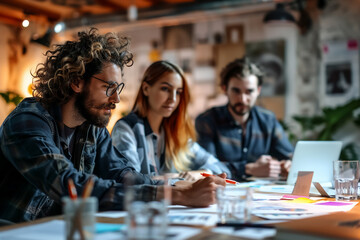 Creative talent presenting ideas in collaborative workspace with focus