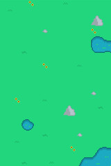 Obraz premium Green Grass with flowers and Ponds, Top-down view Pixel Art Background
