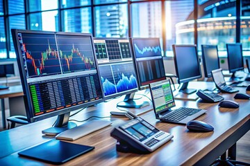 Minimalist Trading Desk: Monitors, Phones, Financial Market Action