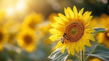Fototapeta premium A bee pollinating bright yellow flowers in a blooming sunflower field under sunlight