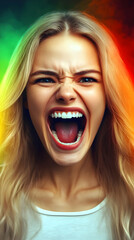 Blonde Woman Screaming Loudly with Open Mouth and Intense Expression on Colorful Background
