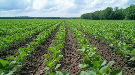 A bee pollinating bright yellow flowers in a blooming sunflower field under sunlight
