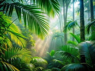Fototapeta premium Misty Forest Palm Trees: Lush Tropical Background Stock Photo