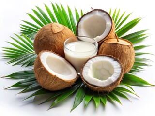 Opened Coconut Collection, Fresh Coconut Halves,  Organic Coconut Pieces, Tropical Fruit Images,  White Background Coconut