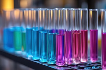 A Colorful Arrangement of Laboratory Test Tubes Filled with Vibrant Fluids in a Scientific Research Environment Highlighting Chemistry and Experimentation