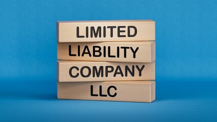 Obraz premium LLC - Limited liability company. Wooden cubes with word LLC.Business and LLC concept. Copy space.3D rendering on blue background.