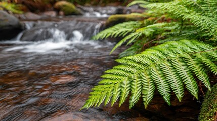 Naklejka premium Lush green fern beside a flowing stream, surrounded by natural rocks and water, capturing tranquility and the beauty of nature.
