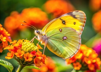 Panoramic Clouded Yellow Butterfly Lantana Nectar Damaged Wing
