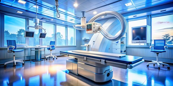 Modern Hospital Cath Lab: Pristine Minimalist Examination Room with C-Arm Fluoroscopy System & Sleek Table - Bokeh Effect Stock Photo
