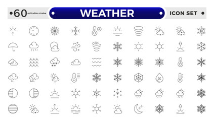 Weather icons. Weather forecast icon set. Clouds logo. Weather, clouds, sunny day, moon, snowflakes, wind, sun day. Editable stroke outline icon.
