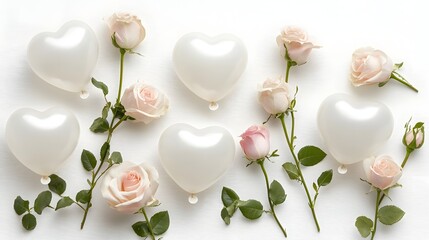 Delicate Heart-Shaped Balloons Adrift with Soft Pink Roses on Tranquil White Background