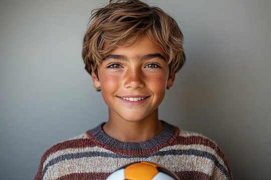 A smiling boy holds a soccer ball, showcasing joy and enthusiasm for the sport.