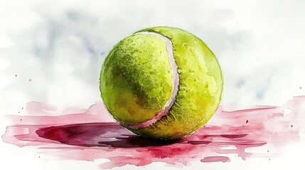 A watercolor illustration of a tennis ball on a surface, emphasizing texture and color.