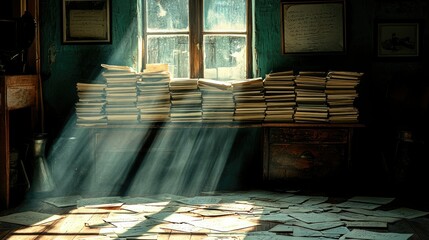 Sunlit Room Stacks Of Old Papers And Documents